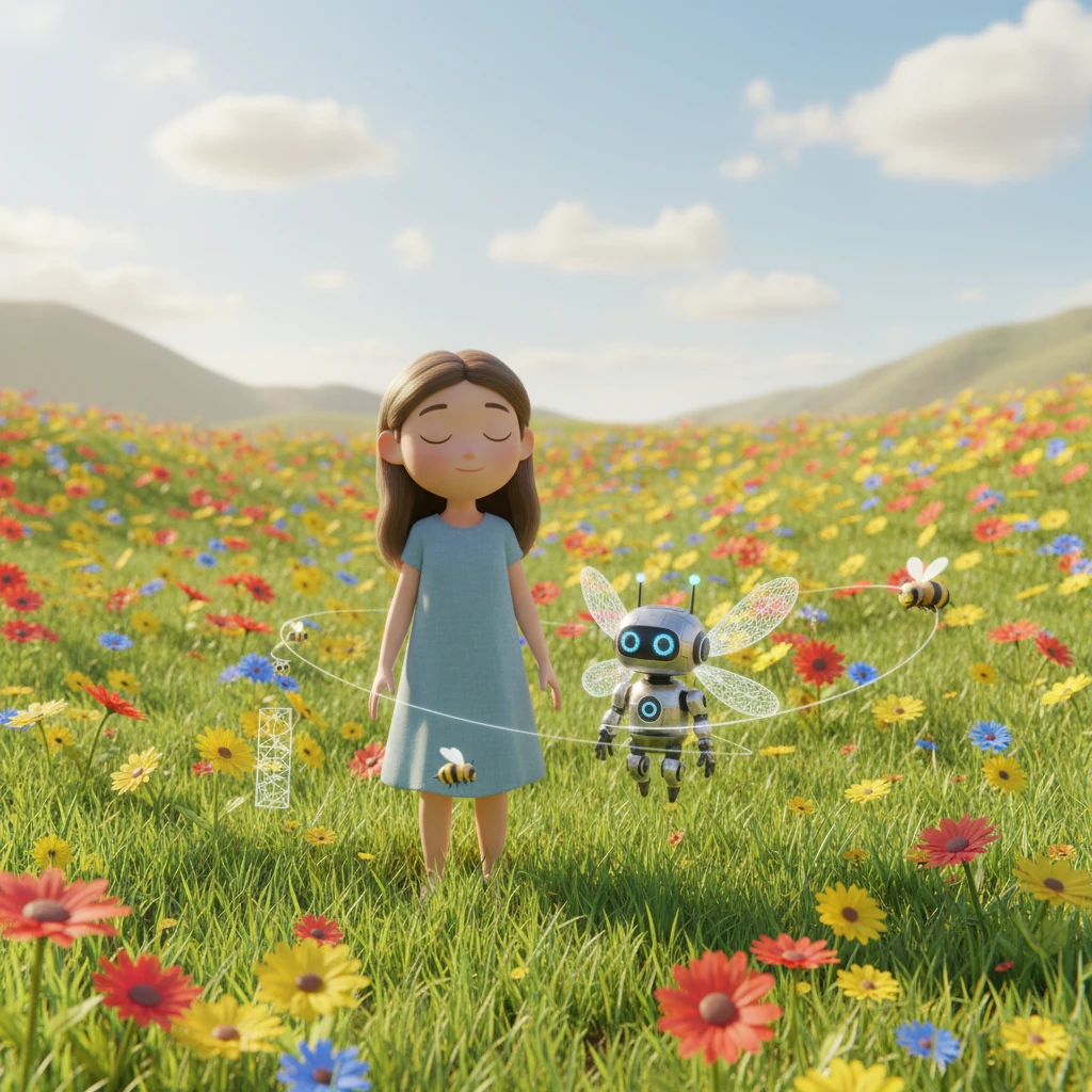 Lily took Aura to a sun-drenched meadow, teeming with colorful wildflowers and buzzing bees. Aura's advanced sensors mapped every plant species and insect flight path with incredible detail. Lily closed her eyes, breathing in the sweet scent of nature, feeling the warmth of the sun on her skin.