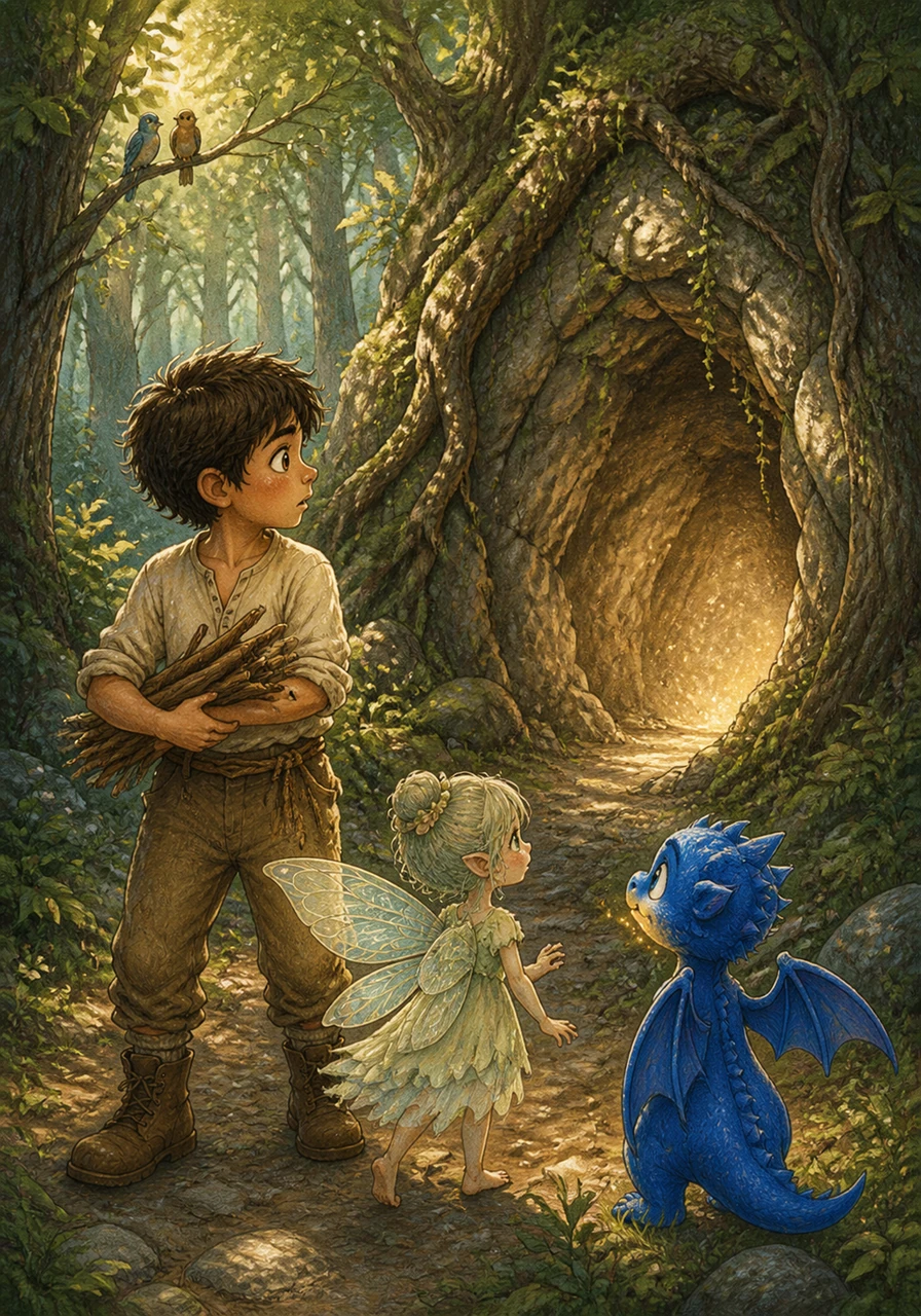 One bright morning, Guillermo ventured into the nearby forest to gather wood, listening to the rustle of leaves and the song of the birds. His journey took an unexpected turn when he discovered a hidden cave entrance tucked away between the ancient trees, glowing with a soft and mysterious light.