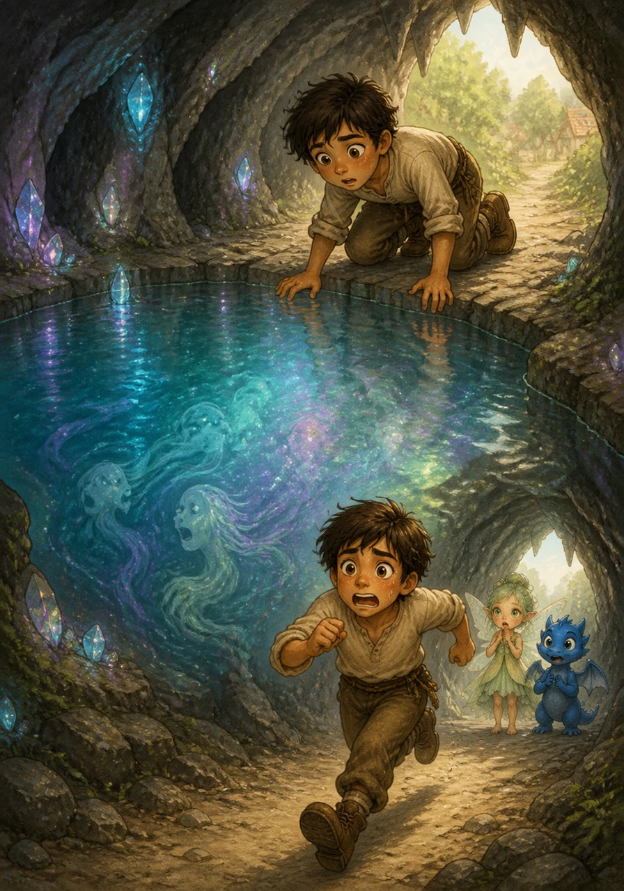 Drawn by his curiosity, Guillermo stepped inside the cave and found a shimmering pond of crystal-clear water that sparkled with magical colors. As he leaned closer, he heard faint, whispering voices echoing from the depths, which frightened him so much that he ran all the way back to his village.