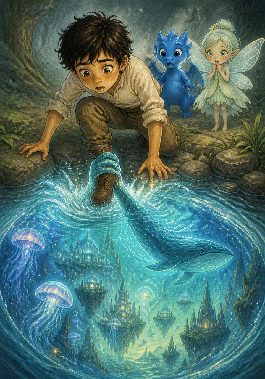 Guillermo reached the pond once more and knelt down to look at his reflection, but instead of his own face, he saw images of a wondrous and alien world. Before he could react, an unseen force grabbed his foot and pulled him down into the glowing, swirling waters of the pond.