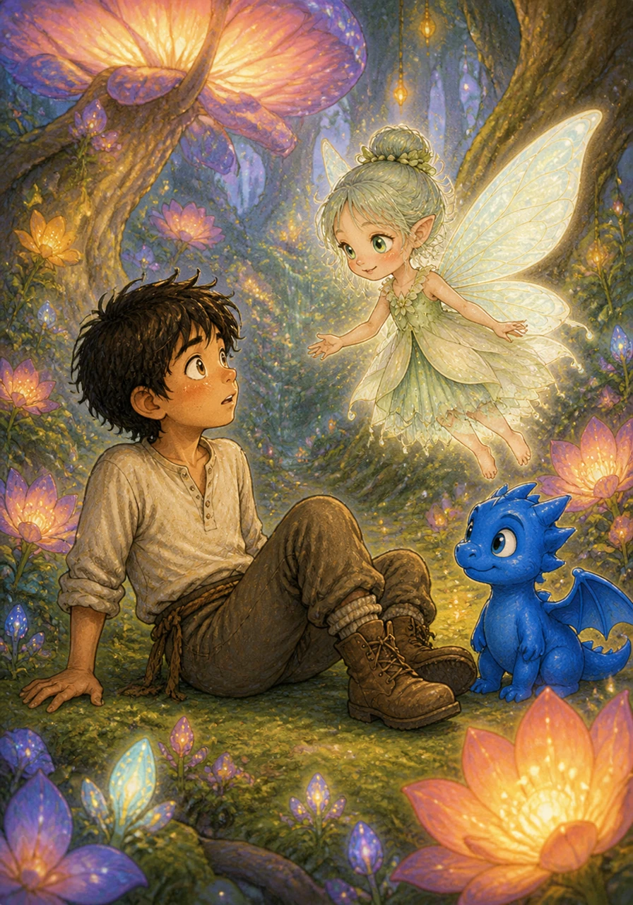 When Guillermo opened his eyes, he found himself in a breathtaking realm filled with giant trees, luminous flowers, and creatures he had only seen in his dreams. A small, delicate creature with shimmering wings named Luna appeared before him and told him not to be afraid.