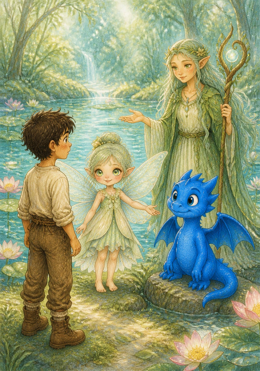 Luna led Guillermo through the Kingdom of the Pond, introducing him to a playful blue dragon named Bruno and the wise forest guardian, Elara. They explained that Guillermo’s bravery and curiosity had allowed him to enter a realm that few humans ever get to see.