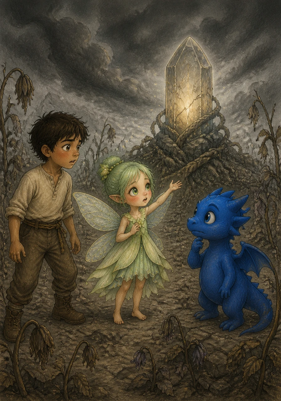 Their joy was short-lived as a creeping darkness began to wash over the land, causing the magical plants to wither and the sky to turn a dull, heavy gray. Elara explained that the Great Magic Stone, which maintained the balance of their world, was losing its light and needed a hero to save it.