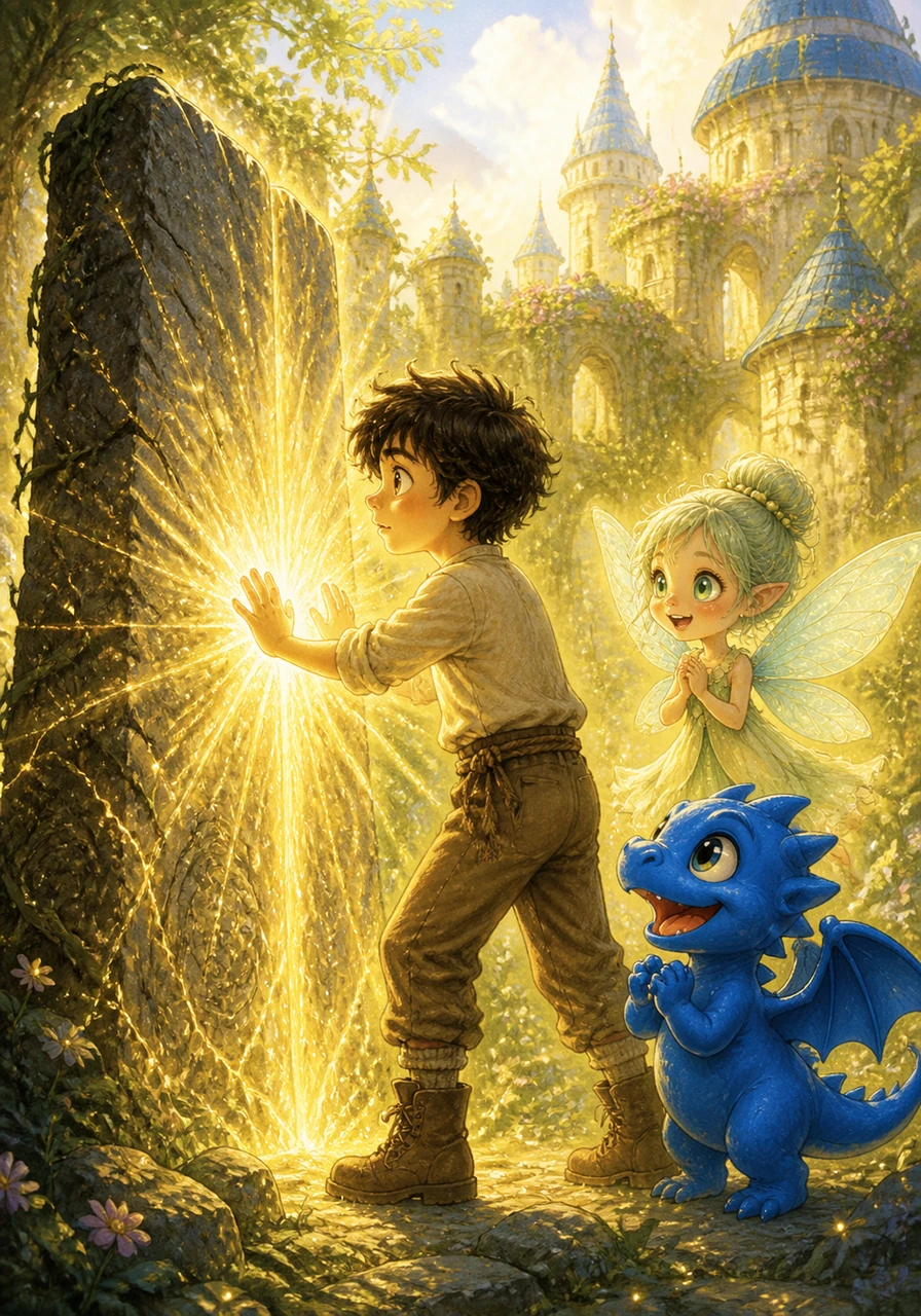 With his heart racing, Guillermo approached the fading stone and placed his hands upon its cold surface, hoping his courage would be enough. Suddenly, a brilliant light surged from within him and into the stone, banishing the darkness and restoring the vibrant life of the magical kingdom.