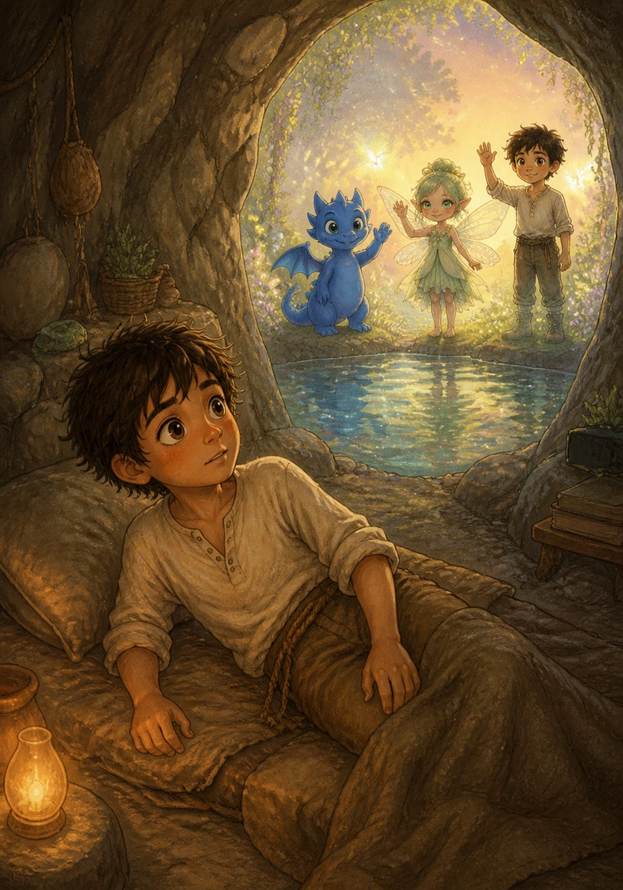 After saying a tearful goodbye to Luna, Bruno, and Elara, Guillermo returned through the pond and woke up back in the quiet cave near his home. He returned to Harizonaj changed forever, knowing that magic is always waiting for those who have the courage to go looking for it.