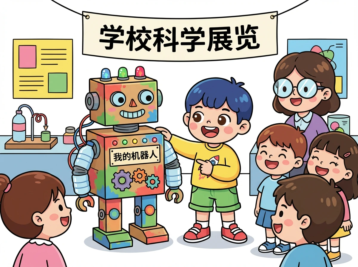 小明参加了学校的科学展览。他用自己学到的知识制作了一个非常棒的机器人。