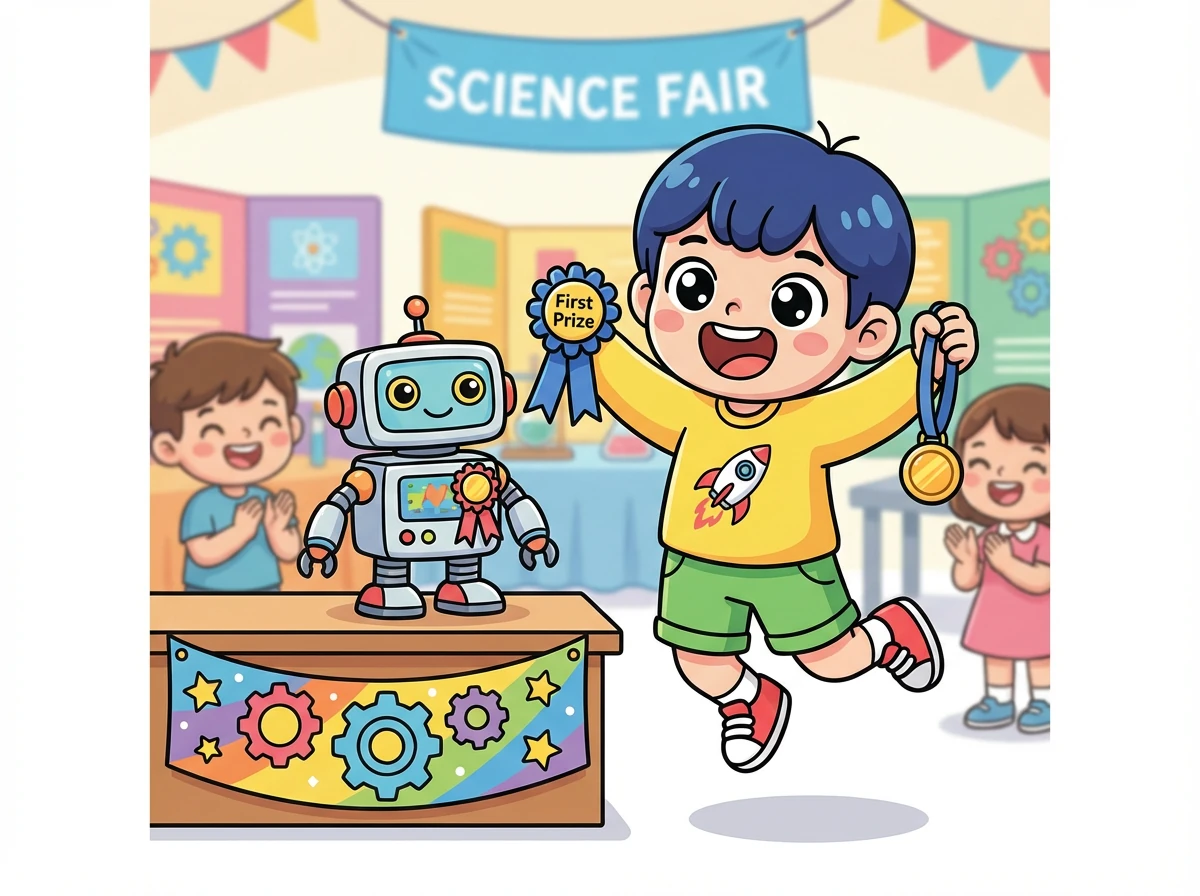 小明的机器人获得了科学展览的一等奖。他感到非常自豪和快乐。