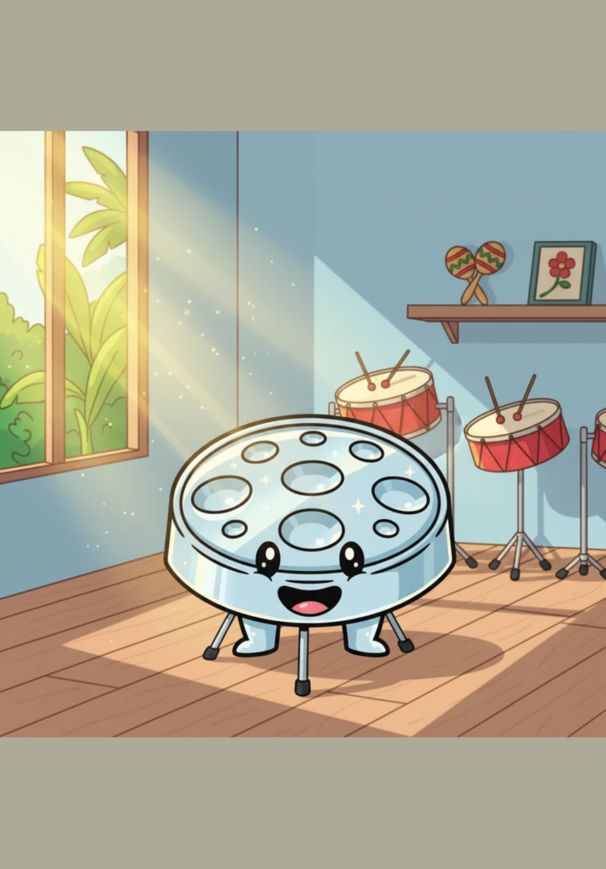 In a sun-drenched music room in Trinidad, a shiny silver pan sat quietly on its stand. It sparkled under the tropical light, waiting for something special to happen while the room was still and peaceful.