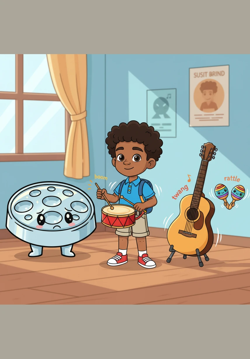 Every day, the little pan watched the other instruments come to life. The drums went boom, the guitars twanged, and the maracas shook with a happy rattle, but the pan remained silent and still in its corner.