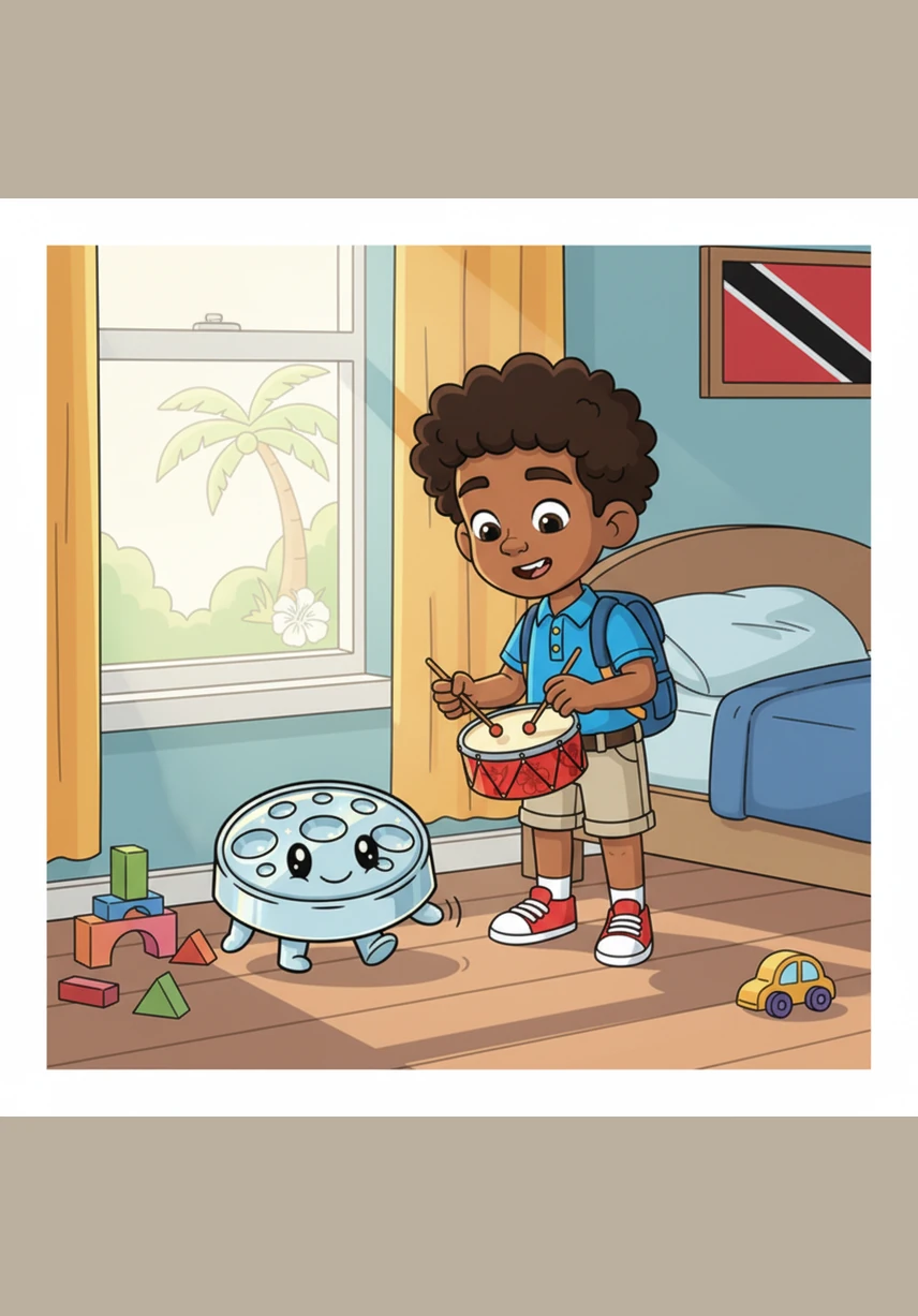One bright morning, a young boy named Leo walked over to the corner where the silver pan waited. He noticed how the pan shimmered like the Caribbean Sea and reached out to touch its smooth, cool surface.