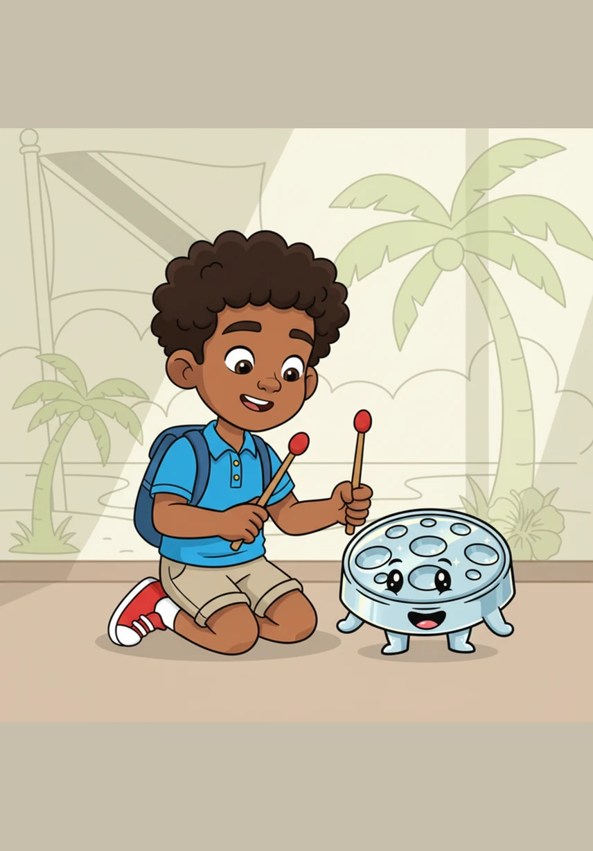 Leo picked up two wooden sticks with soft rubber tips and held them carefully in his hands. He looked at the little pan with a curious smile, wondering what kind of magic was hidden inside the silver circles.