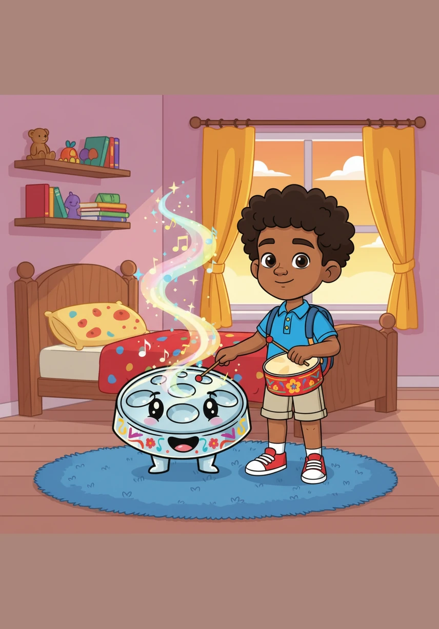 With a gentle movement, Leo tapped the center of the pan. A bright, clear note echoed through the room, making the little pan vibrate with a sudden spark of excitement and life.