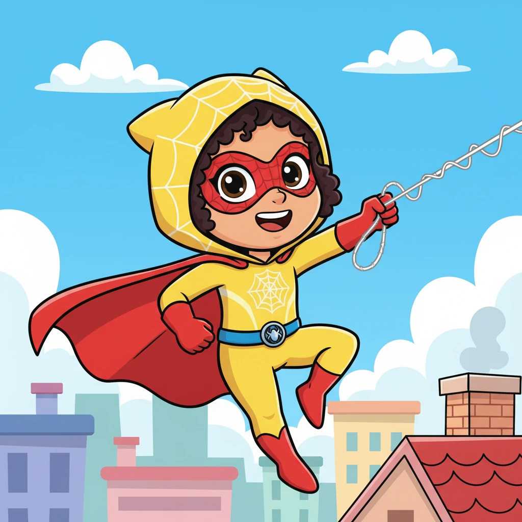 Meet Sunny Web, a brave girl superhero in a bright yellow suit, ready for adventure! With her amazing web-slinging skills, she's always prepared to help her friends. Her smile is as bright as her suit.