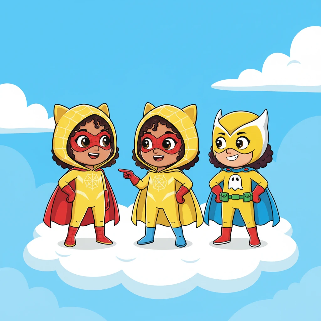 Sunny Web introduces her best friends: Owlette, a speedy flying superhero, and Princess Amber, who loves exploring. Together, they form a super team ready for anything! They stand side-by-side, beaming with excitement.