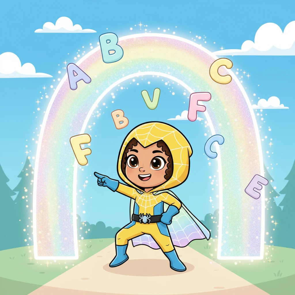 Today, their mission takes them to the magical entrance of Alphabet Land! A giant, shimmering archway invites them in, promising a world of letters and fun. Colorful letter shapes float around them.