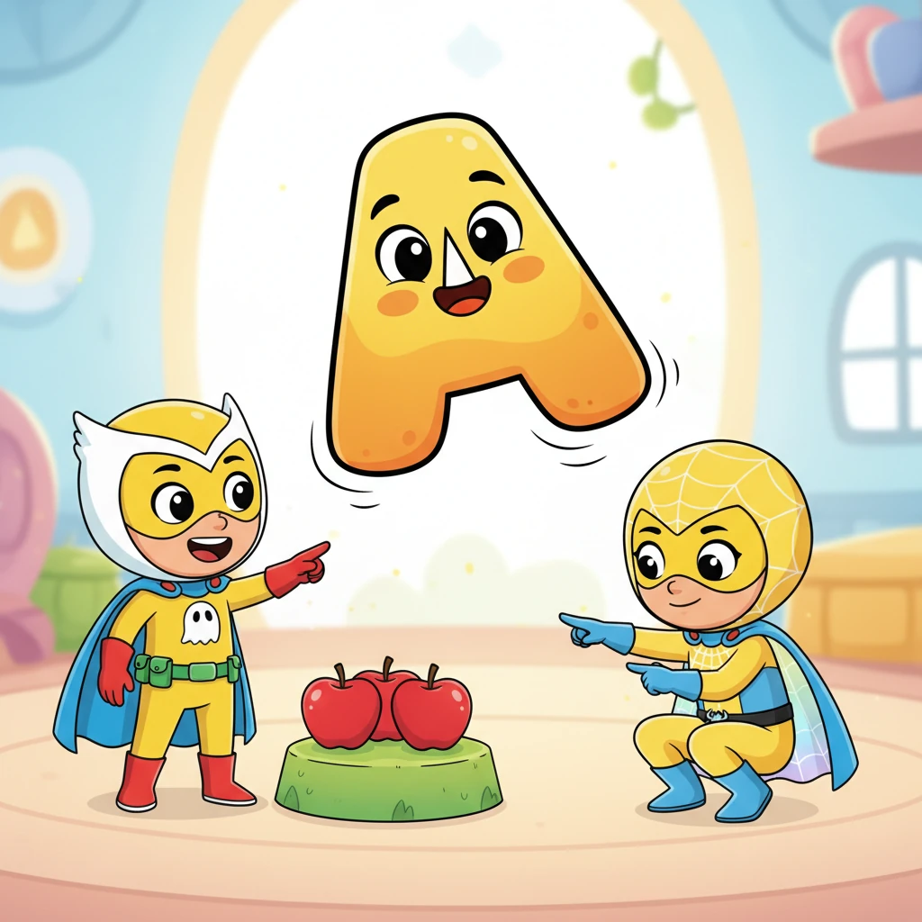 Wow! Inside, they see a huge, friendly letter 'A' bouncing playfully. "A is for Apple!" shouts Owlette, pointing to three shiny red apples nearby. Sunny Web carefully counts them: one, two, three!