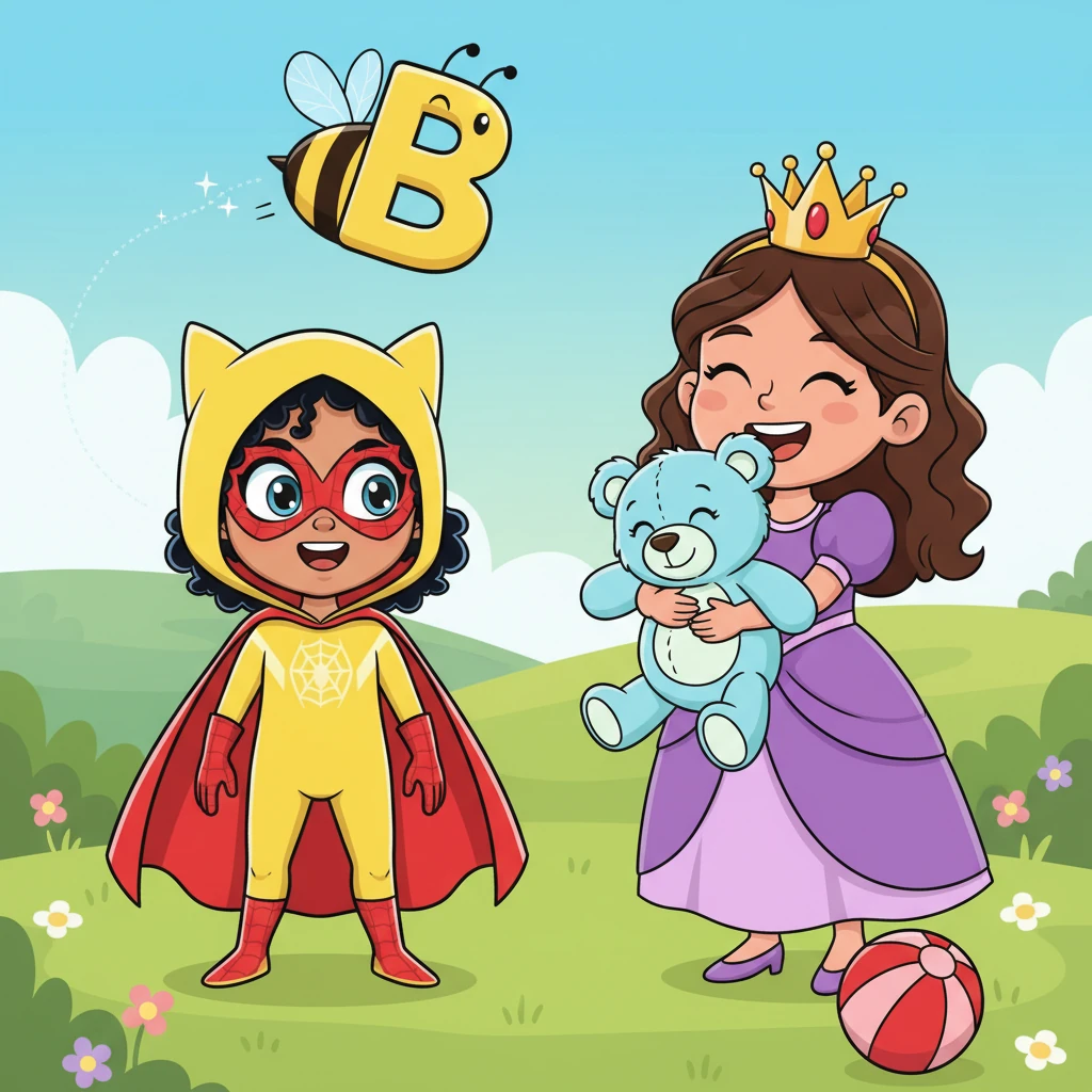 Next, they spot a buzzing 'B' flying like a bumblebee. "B is for Bear and Ball!" giggles Princess Amber, hugging a fluffy blue bear holding a bouncy red ball. Sunny Web watches the ball roll.