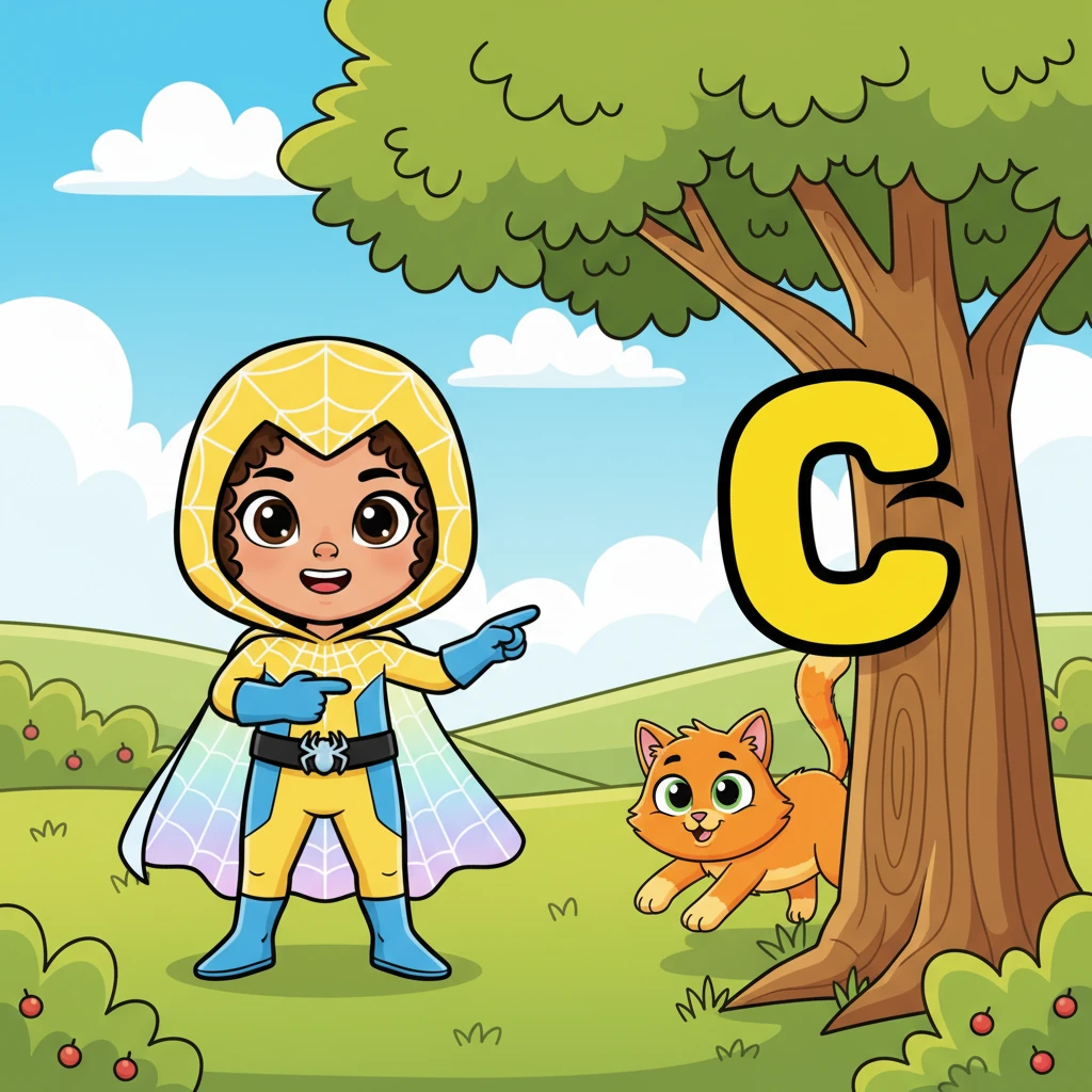 A mischievous 'C' winks from behind a tree. "C is for Cat!" exclaims Sunny Web, as a fluffy orange cat with curious green eyes peeks out. The cat stretches playfully.