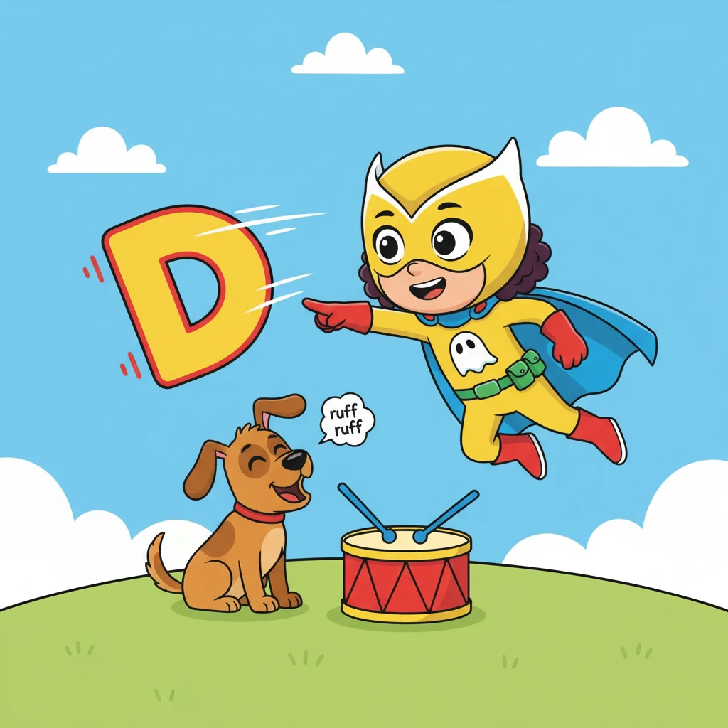 Suddenly, a playful 'D' zooms past them! "D is for Dog and Drum!" Owlette calls out, as a happy brown dog barks beside a bright red drum. The dog wags its tail excitedly.