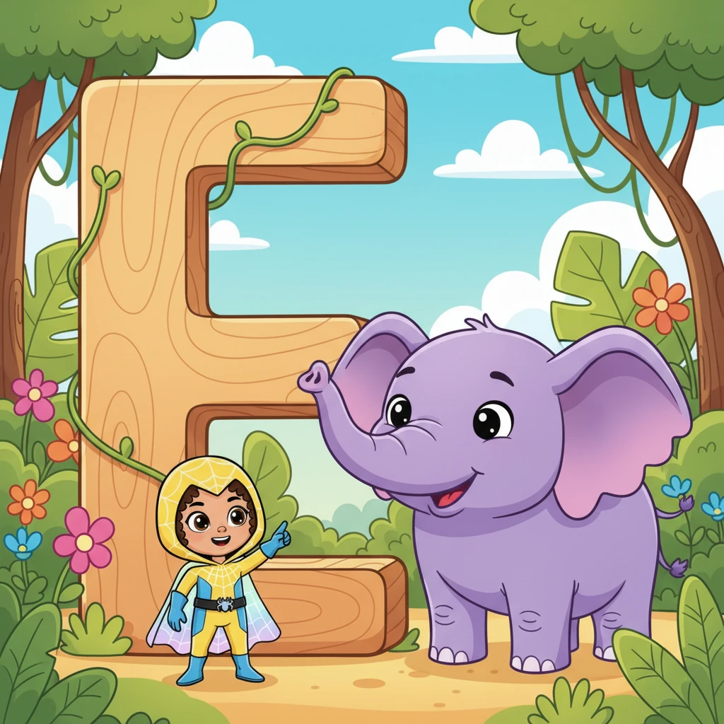 They discover a majestic 'E' standing tall. "E is for Elephant!" says Princess Amber, marveling at a big, friendly purple elephant with floppy ears. The elephant gives a gentle trumpet sound.
