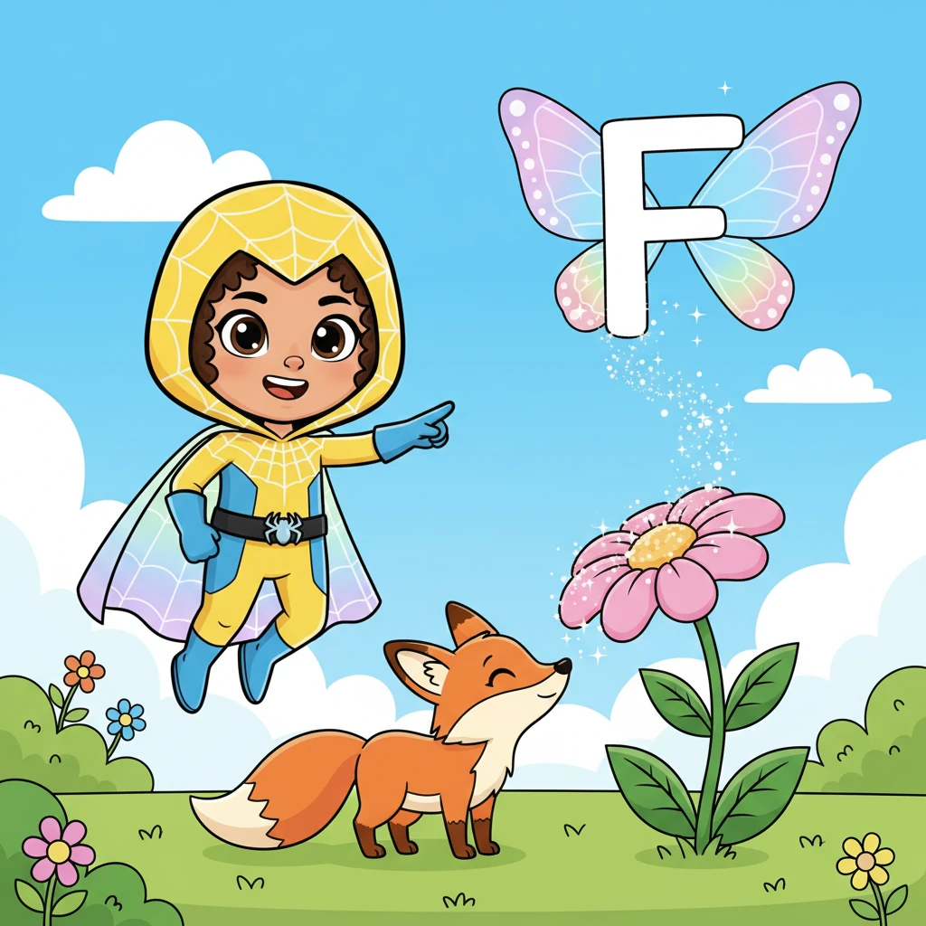A cheerful 'F' flutters by like a butterfly. "F is for Fox and Flower!" Sunny Web announces, as a clever orange fox sniffs a beautiful pink flower. The flower's petals sparkle.