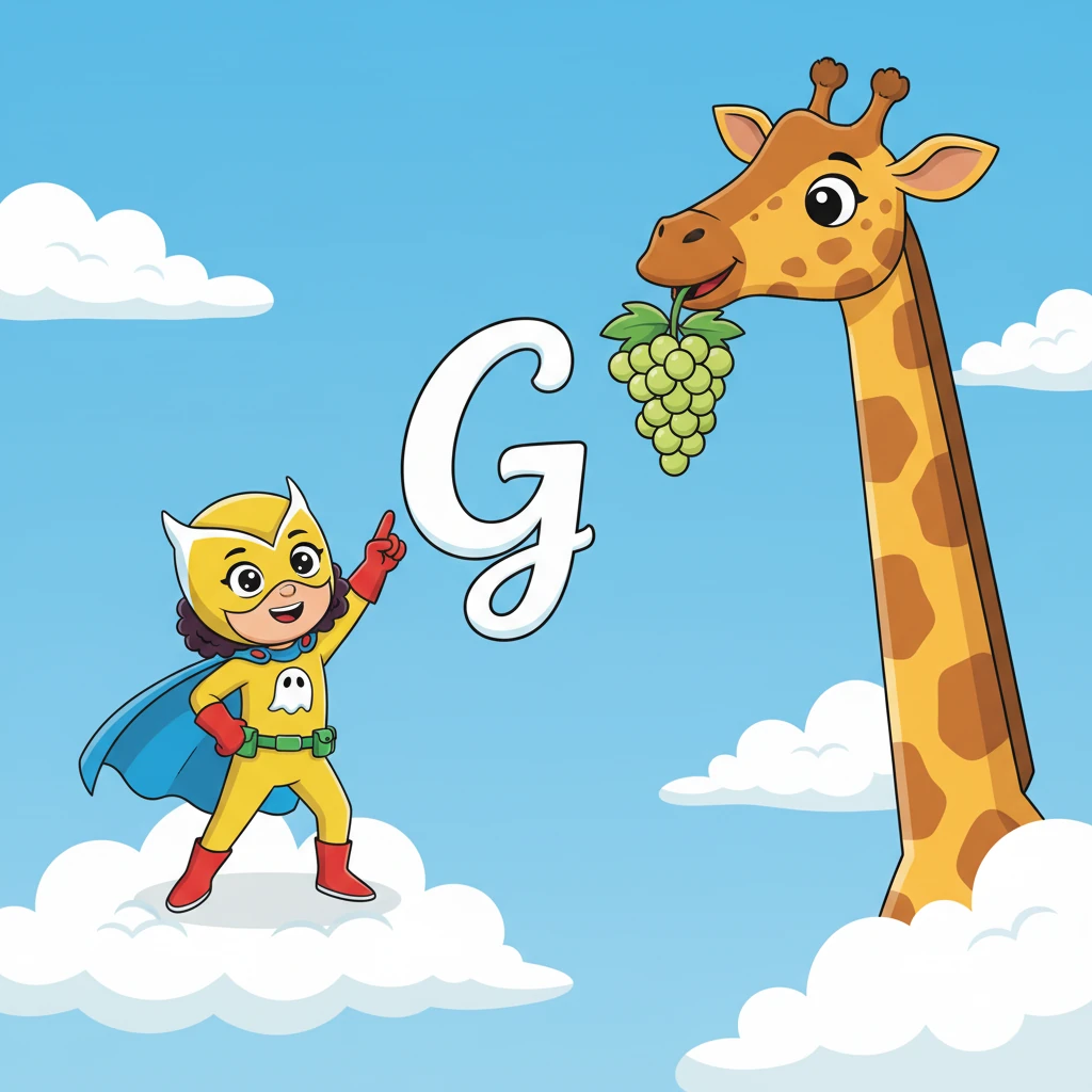 High above, a graceful 'G' stretches its neck. "G is for Giraffe and Grapes!" Owlette points to a tall, spotted giraffe munching on a bunch of juicy green grapes. The giraffe smiles happily.