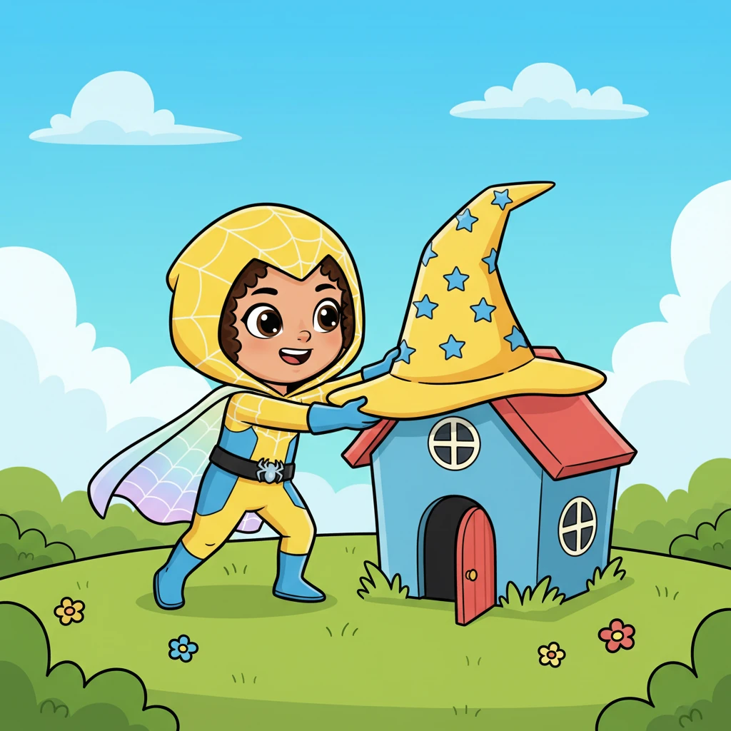 They find a cozy 'H' shaped like a tiny house. "H is for House and Hat!" Princess Amber says, placing a silly yellow hat on a miniature blue house. A tiny door swings open.