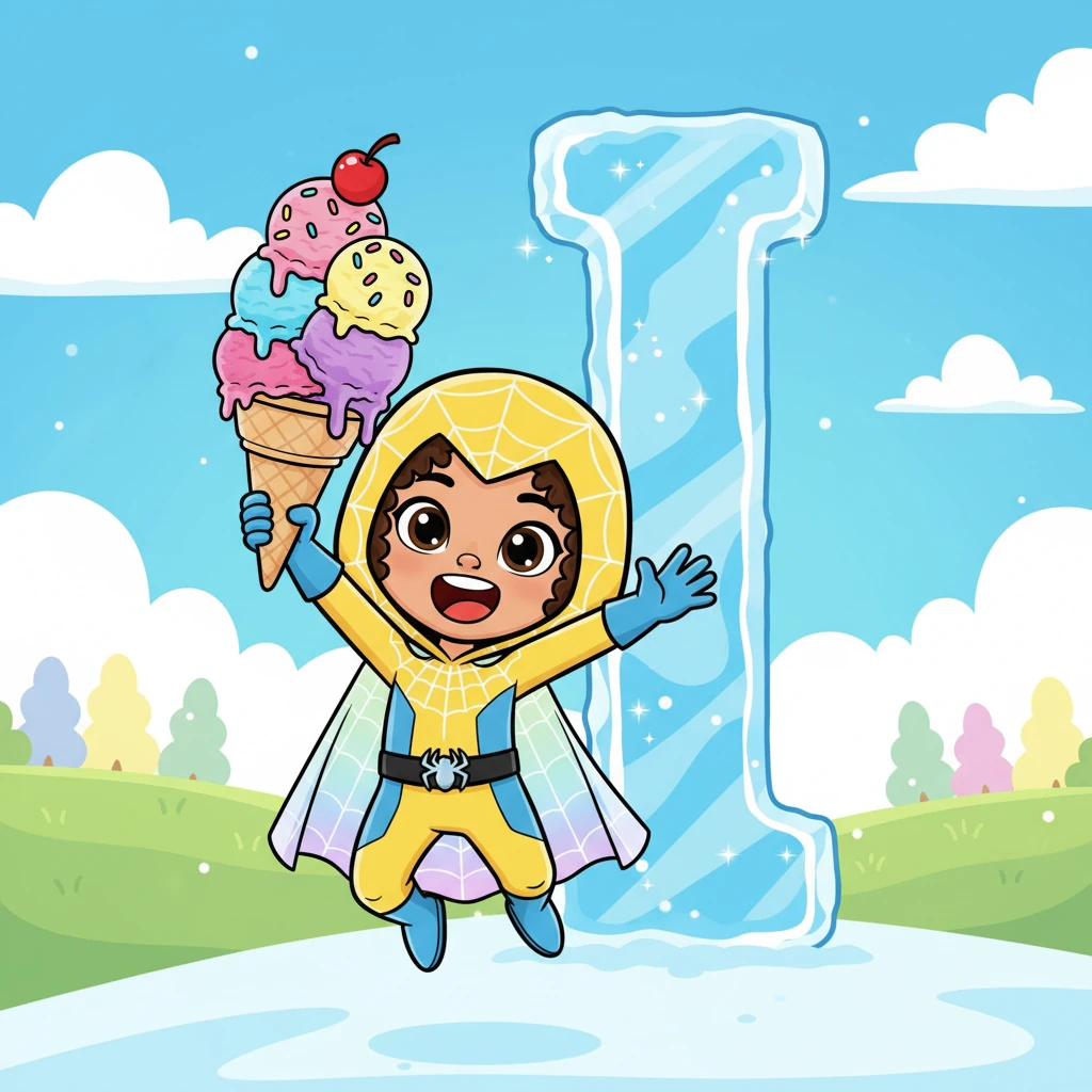 A frosty 'I' sparkles in the sunlight. "I is for Ice cream!" Sunny Web shouts, holding up a swirly, colorful ice cream cone. It looks absolutely delicious and refreshing.