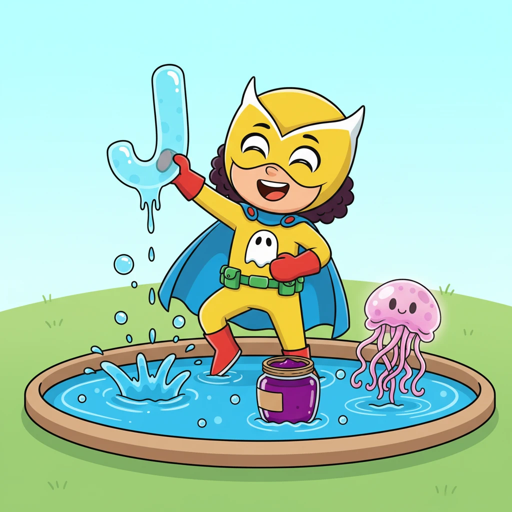 A bubbly 'J' splashes in a little pond. "J is for Jellyfish and Jam!" Owlette giggles, as a wobbly pink jellyfish floats near a jar of sweet purple jam. Bubbles rise from the water.