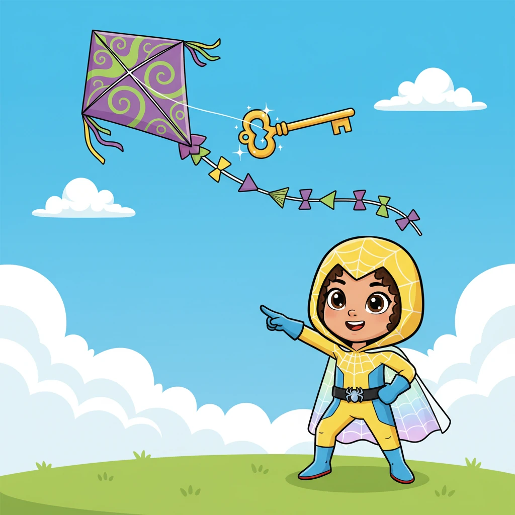 They see a soaring 'K' dancing in the sky. "K is for Kite and Key!" Princess Amber points to a colorful kite flying high, next to a sparkly golden key. The kite's tail waves in the breeze.