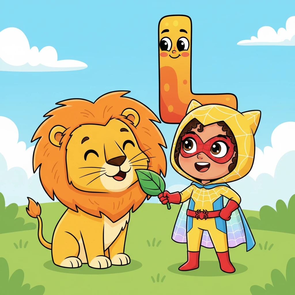 A roaring 'L' appears with a friendly grin. "L is for Lion and Leaf!" Sunny Web exclaims, as a regal lion with a fluffy mane holds a vibrant green leaf. The lion lets out a soft purr.