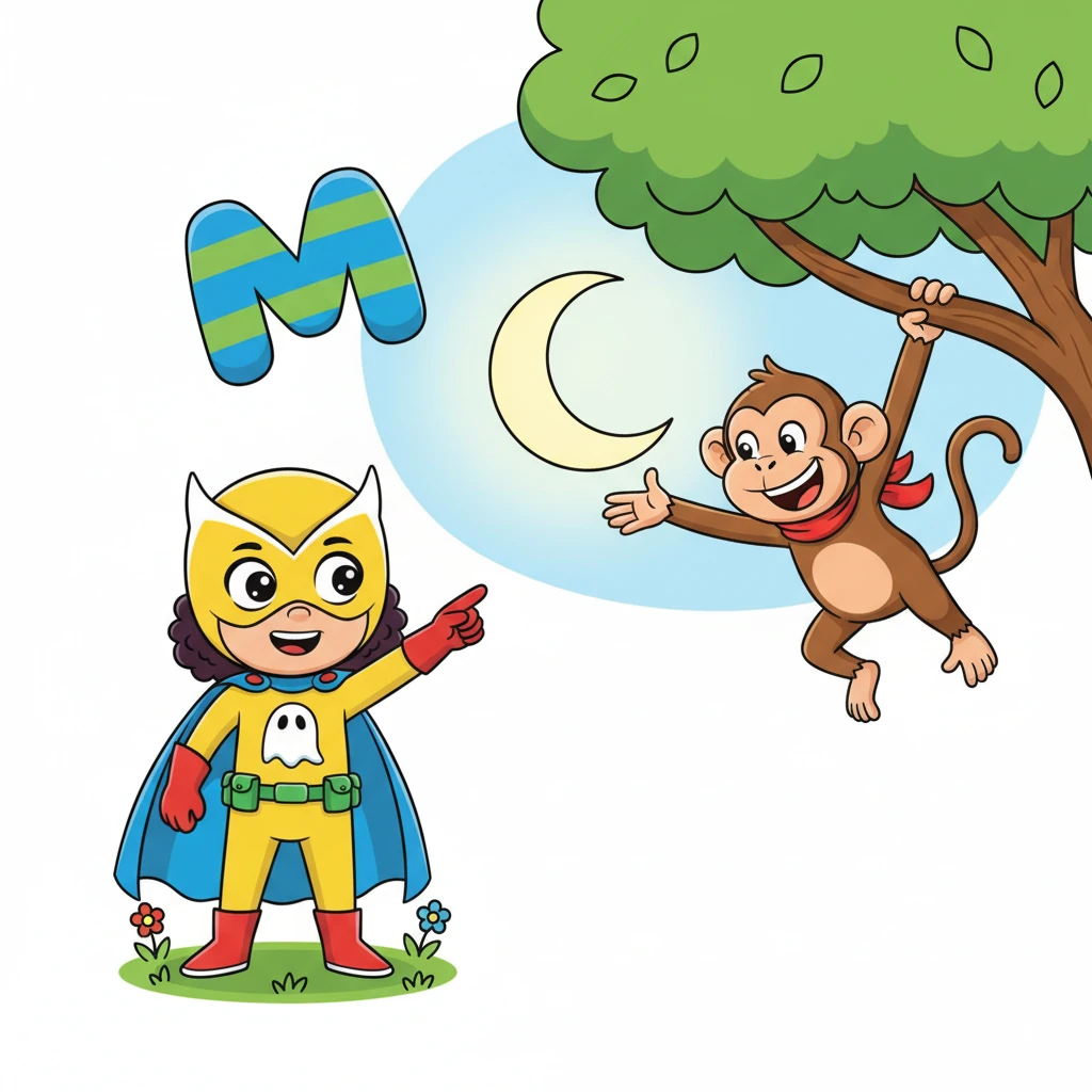 A playful 'M' bounces energetically. "M is for Monkey and Moon!" Owlette spots a silly monkey swinging from a tree branch, reaching for a crescent moon. The monkey grins mischievously.