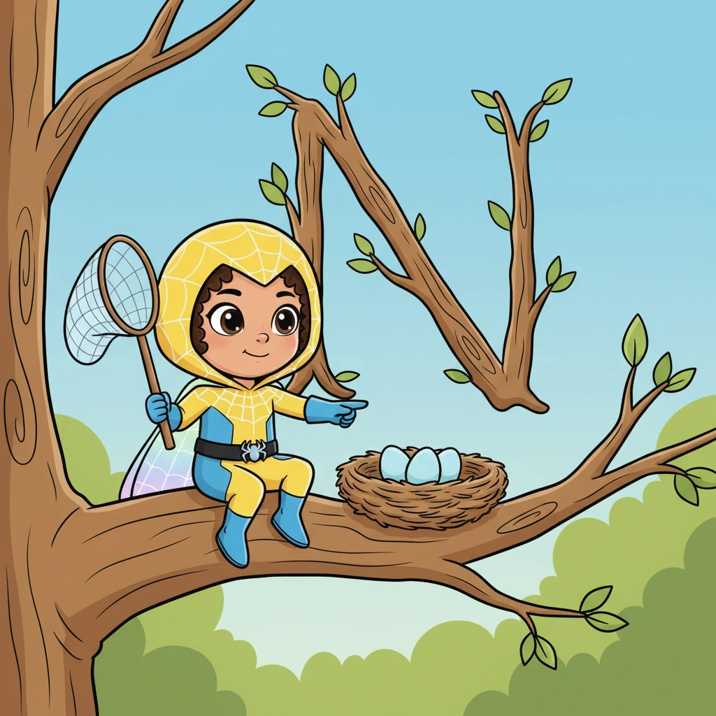 They find a cozy 'N' nestled in the branches. "N is for Nest and Net!" Princess Amber whispers, showing a bird's nest with three tiny blue eggs, and a small butterfly net. The eggs are perfectly round.