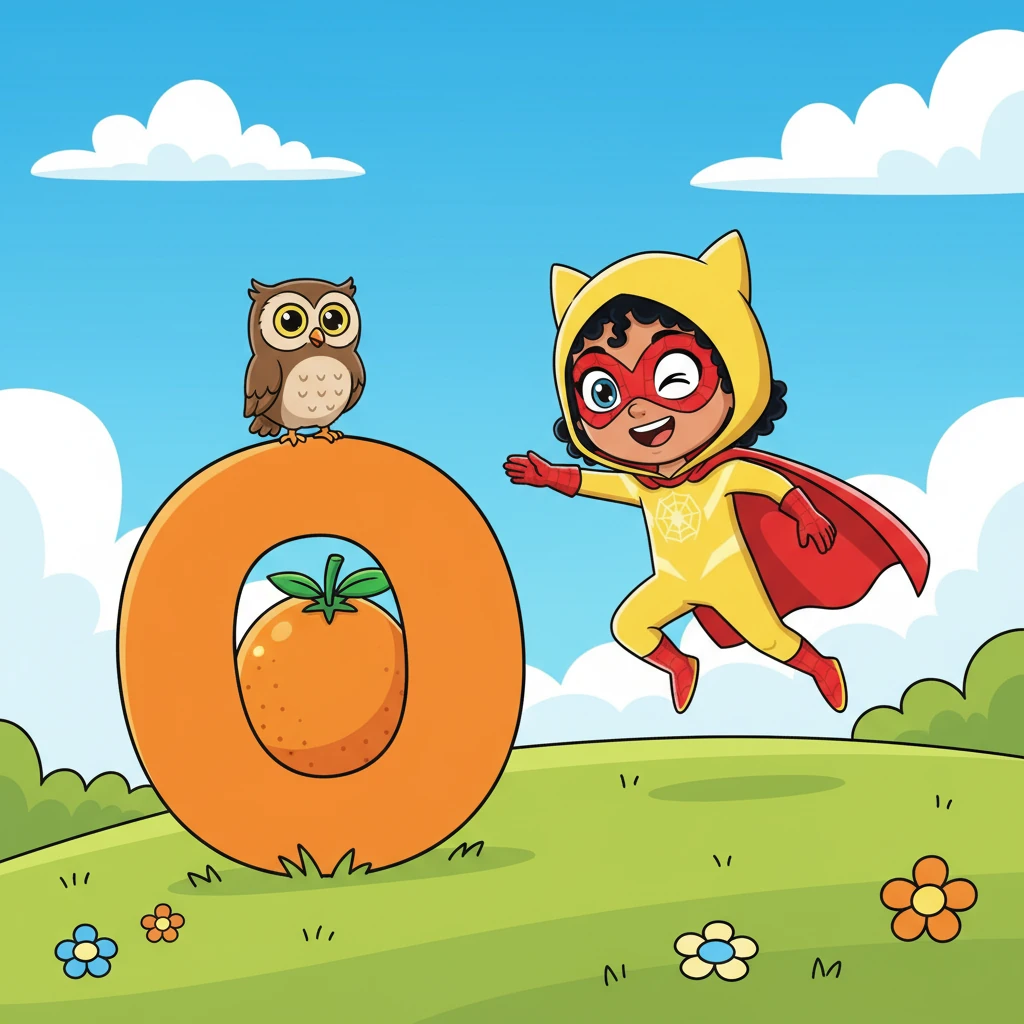 A round 'O' rolls towards them. "O is for Owl and Orange!" Sunny Web says, as a wise little owl perches on a juicy, bright orange. The owl blinks its big, curious eyes.