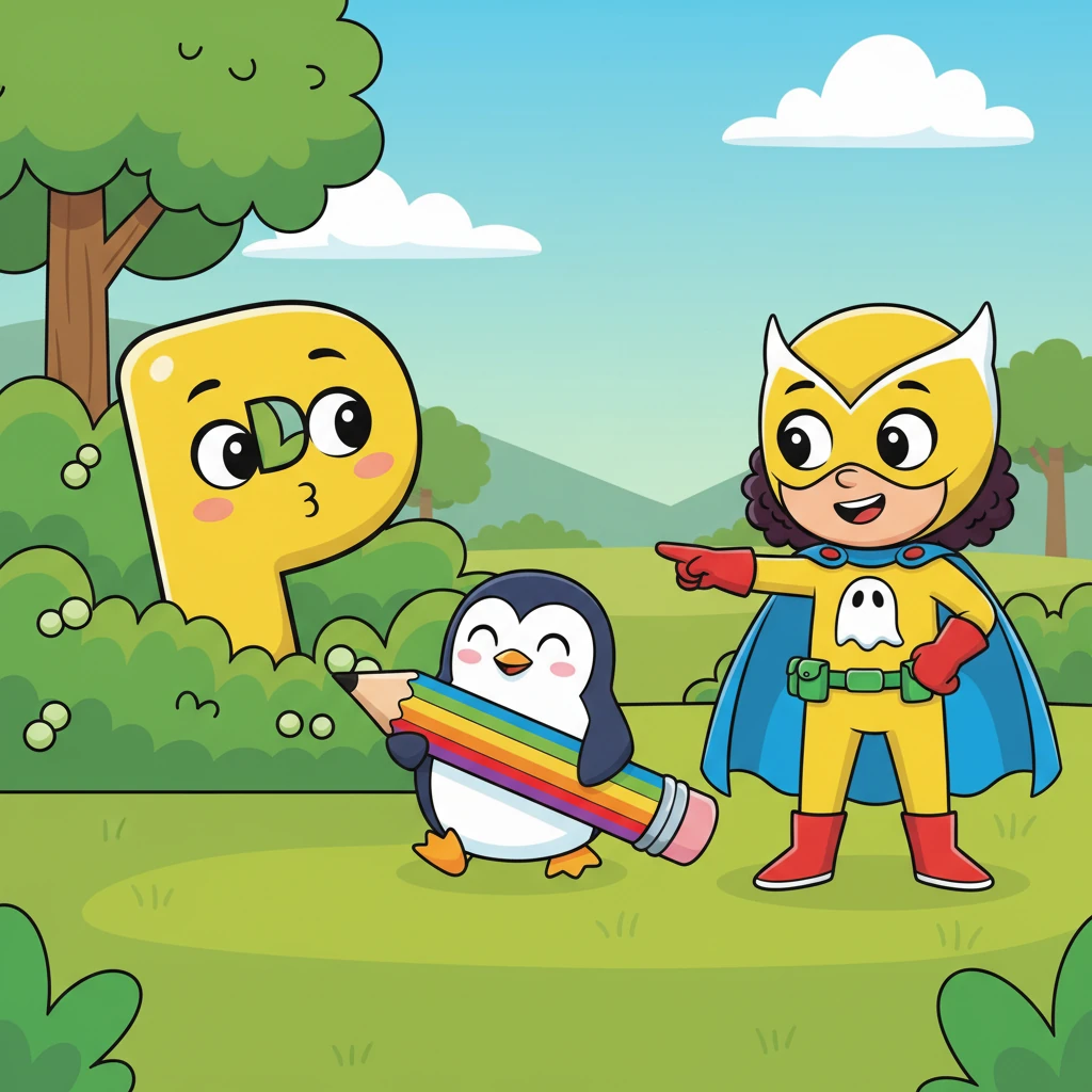 A curious 'P' pops up from behind a bush. "P is for Penguin and Pencil!" Owlette points to a cute penguin holding a giant, colorful pencil. The penguin waddles with excitement.