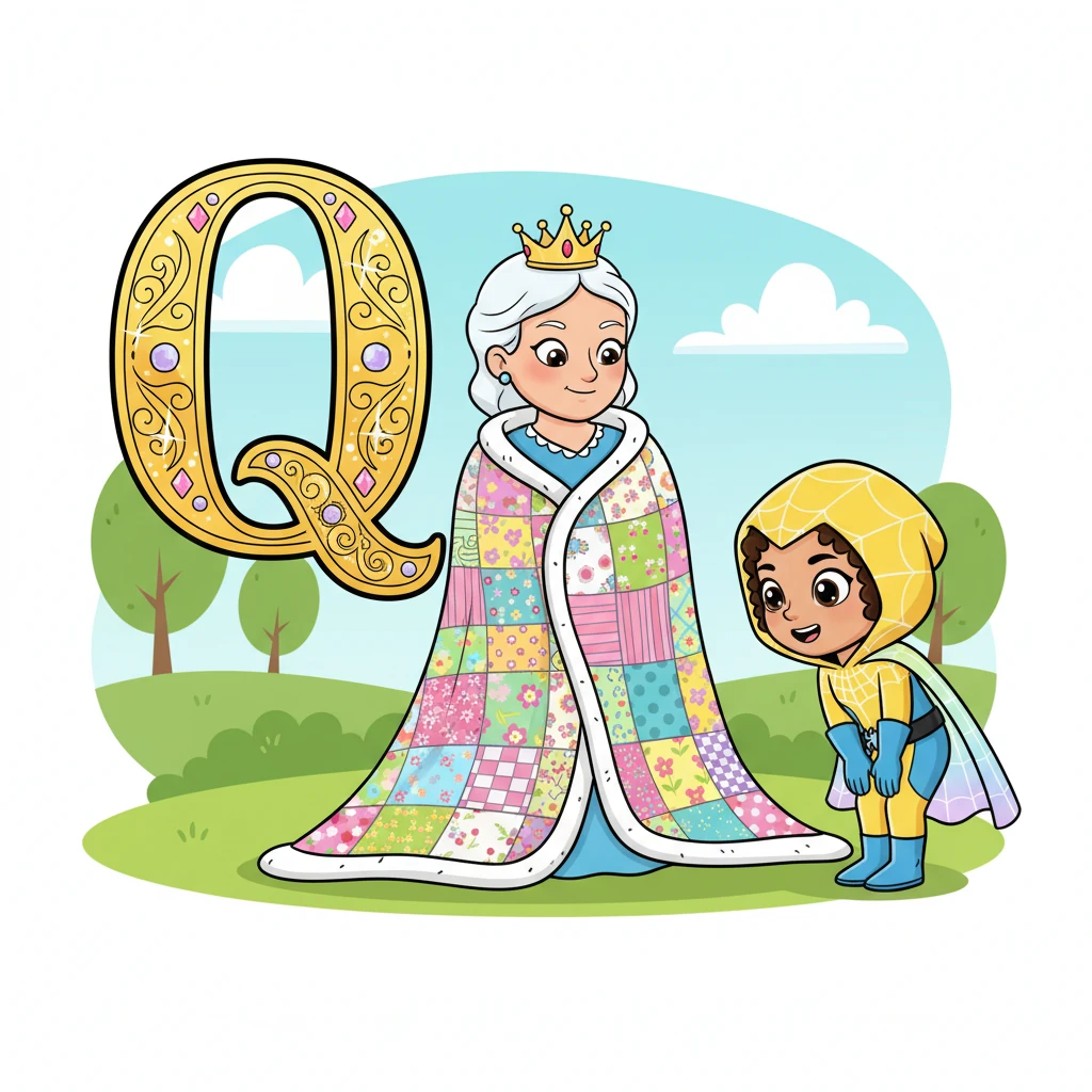 A royal 'Q' stands elegantly. "Q is for Queen and Quilt!" Princess Amber curtsies to a friendly queen wrapped in a beautiful patchwork quilt. The quilt has many different patterns.