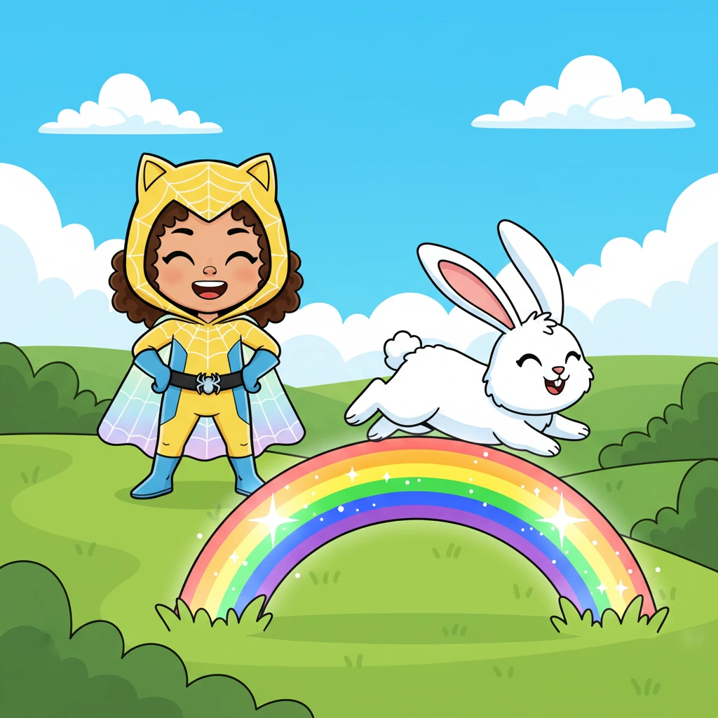 A bouncy 'R' hops along a path. "R is for Rabbit and Rainbow!" Sunny Web laughs, watching a fluffy white rabbit jump over a sparkling, arched rainbow. The rainbow glows with vibrant colors.