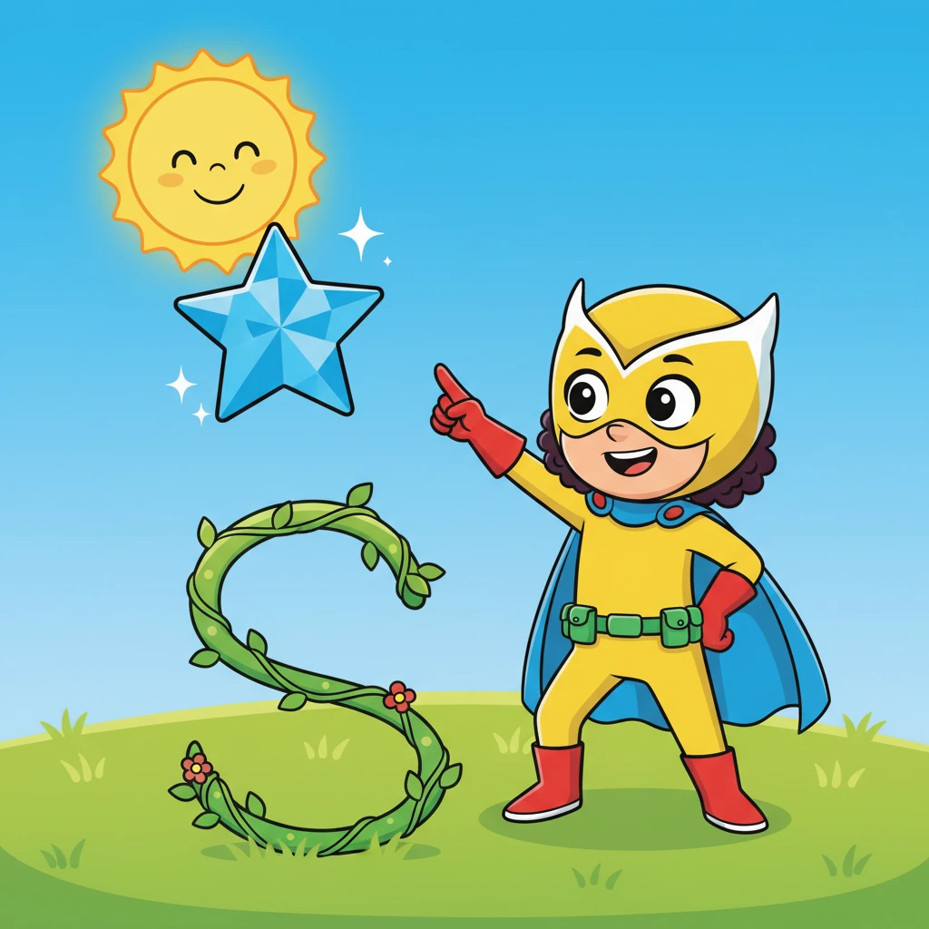 A slithery 'S' winds through the grass. "S is for Sun and Star!" Owlette points to a bright yellow sun shining down on a twinkling blue star. The star sparkles like a diamond.