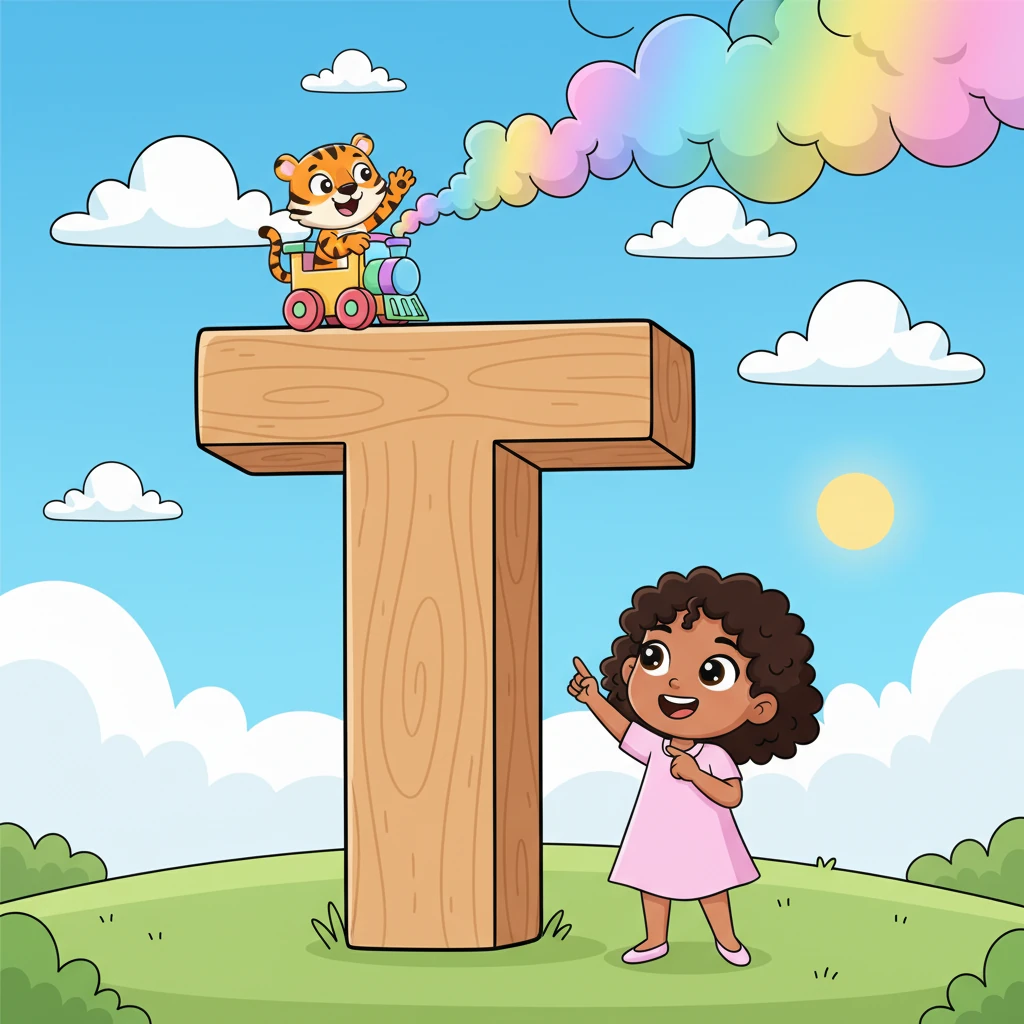 A towering 'T' reaches for the clouds. "T is for Tiger and Train!" Princess Amber exclaims, as a striped tiger waves from a chugging toy train. The train puffs out colorful smoke.