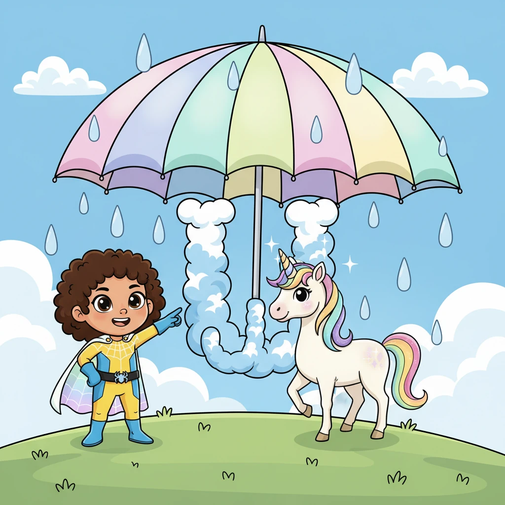 They discover a helpful 'U' catching raindrops. "U is for Umbrella and Unicorn!" Sunny Web says, as a magical unicorn stands under a big, striped umbrella. The unicorn's horn glimmers.