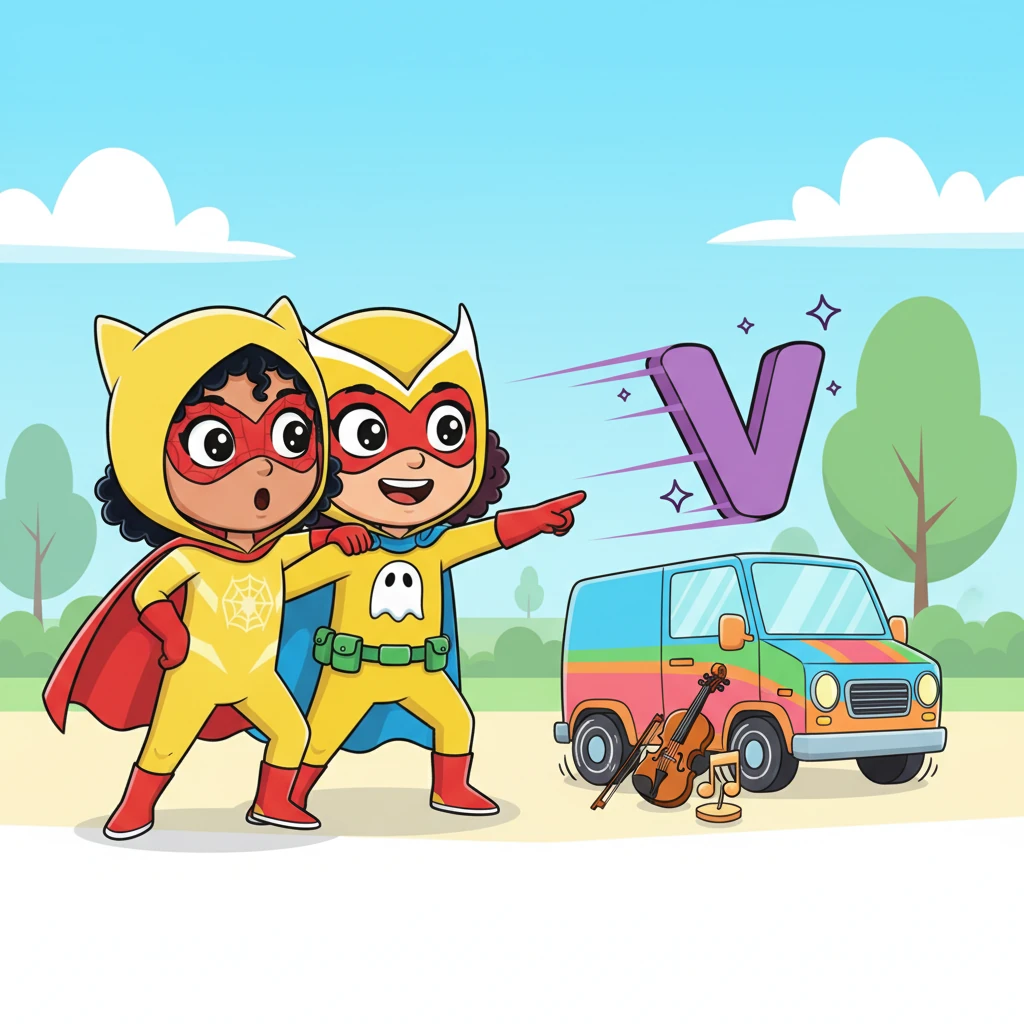 A speedy 'V' zooms past them. "V is for Van and Violin!" Owlette spots a colorful van parked next to a shiny, musical violin. The van's wheels are spinning fast.