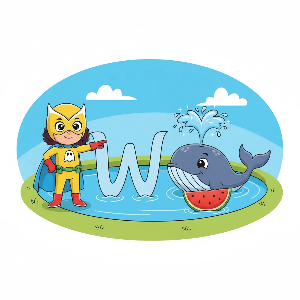 A wavy 'W' ripples in a pond. "W is for Whale and Watermelon!" Princess Amber points to a friendly whale spouting water near a slice of juicy watermelon. The whale smiles with delight.