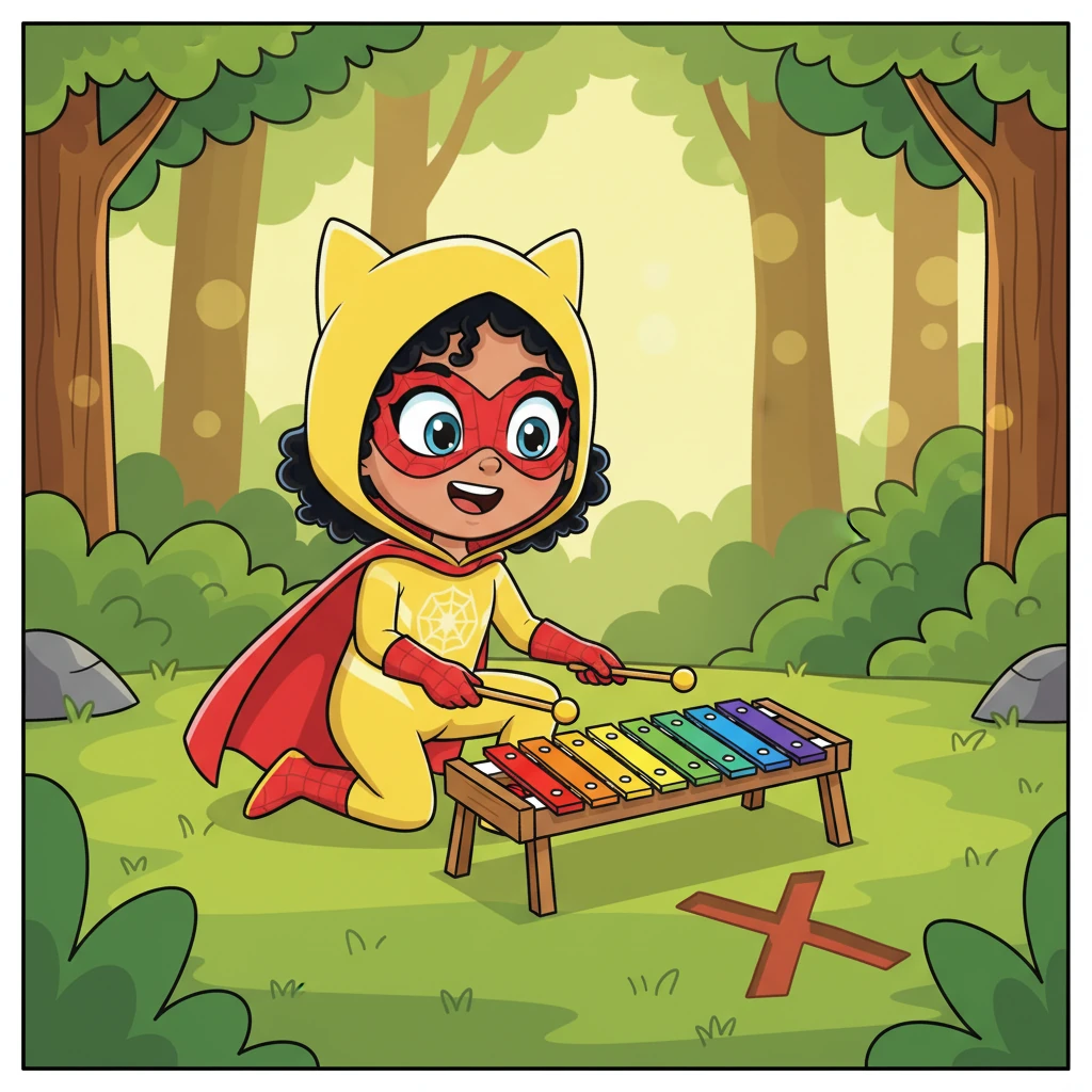 They find a mysterious 'X' marking a spot. "X is for Xylophone!" Sunny Web says, as they uncover a bright, musical xylophone. She taps a tune on the colorful bars.
