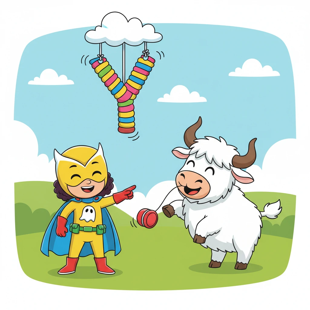 A playful 'Y' swings back and forth. "Y is for Yak and Yo-yo!" Owlette giggles, as a fluffy yak plays with a bouncy, red yo-yo. The yak looks very happy.