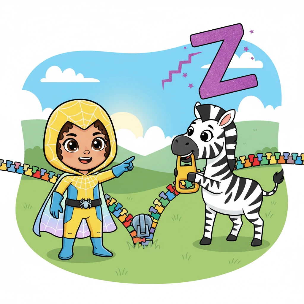 Finally, a zippy 'Z' races across the land. "Z is for Zebra and Zipper!" Princess Amber cheers, as a striped zebra zips up a giant, colorful zipper. They have found all the letters!
