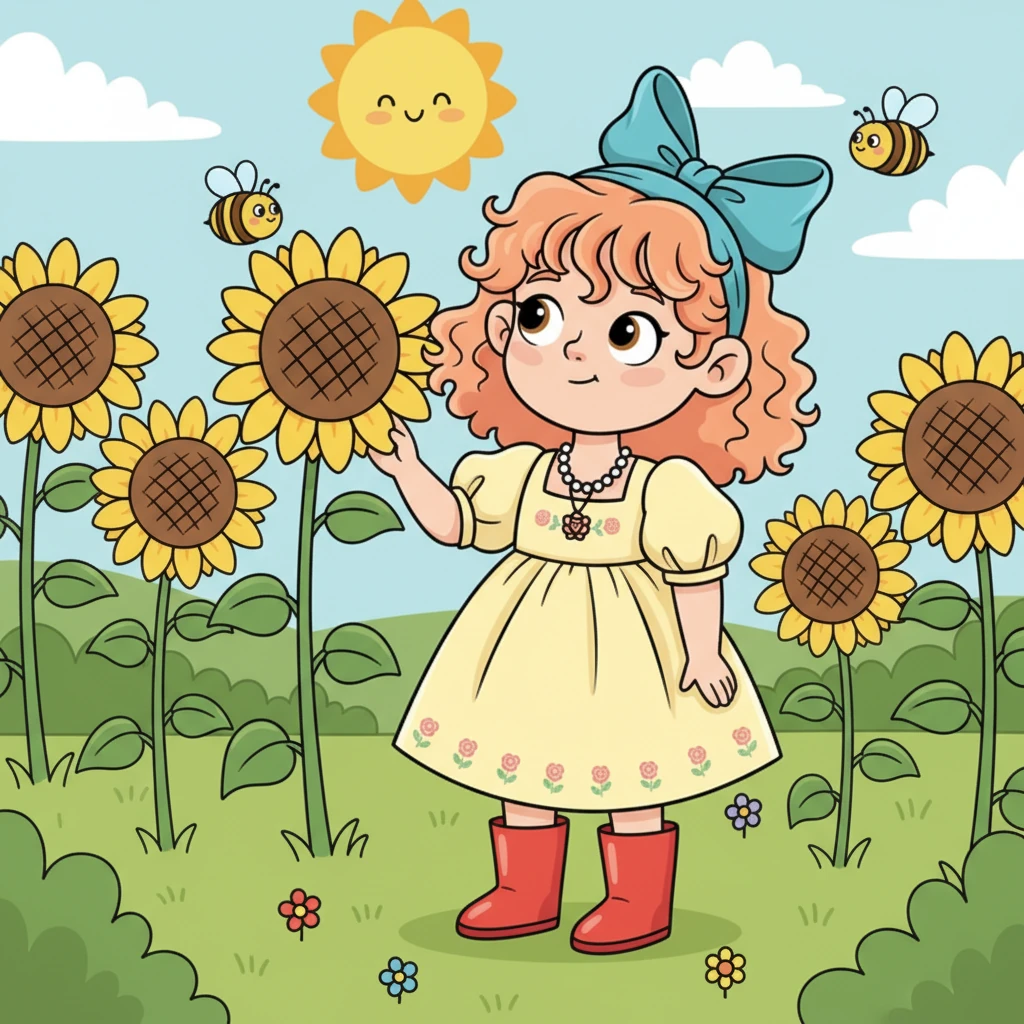 Lily is in her colorful garden, a bright sun shining down. She has a thoughtful expression, surrounded by tall sunflowers and buzzing bees. Her bright red boots are a playful contrast to the green grass.