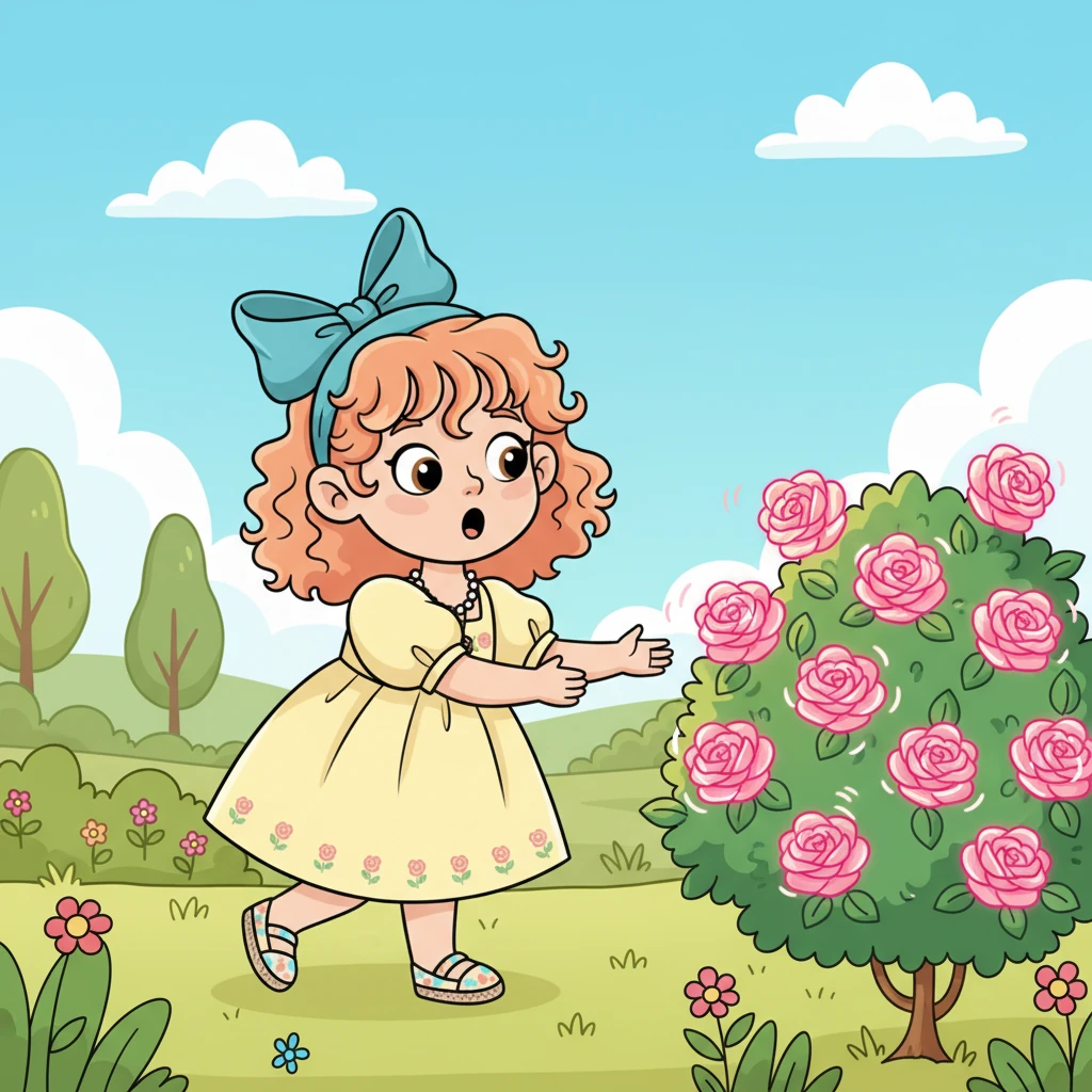 Her eyes sparkle as she notices a particularly radiant rose bush, its petals glowing with an unusual shimmer. This rose is unlike any other, with petals that seem to dance in the gentle breeze. Its vibrant pink hues draw her closer with an irresistible pull.