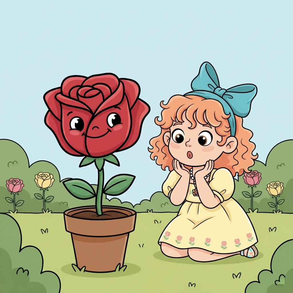 The largest, most splendid rose bud unfurls slightly, and its petals form a gentle smile. "Don't be alarmed," it chuckled softly, "I am Rosaline, and I have a secret to share." Rosaline's voice was as soft as velvet, filled with ancient wisdom.
