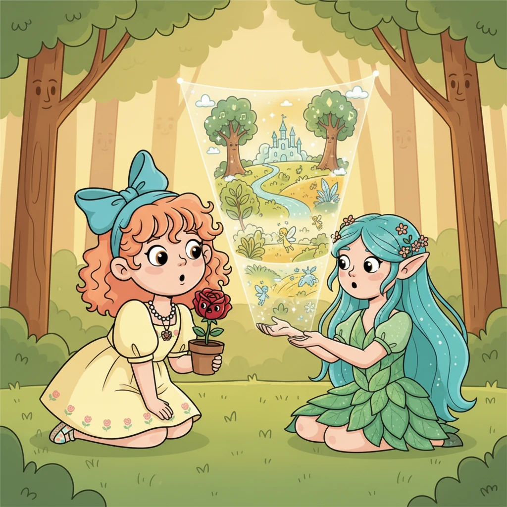 Lily, still a bit stunned, kneels down, her curiosity bubbling over. "A secret?" she asks, her voice barely a whisper. Rosaline begins to describe a world shimmering with crystal rivers, where trees sing lullabies and friendly sprites flit through golden meadows.