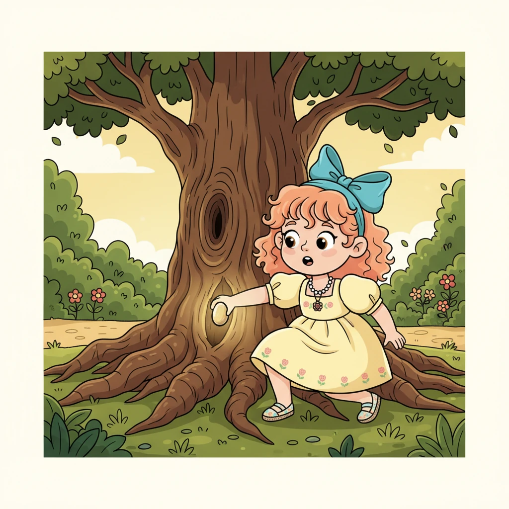 With Rosaline's words echoing in her mind, Lily dashes to the ancient oak tree at the edge of the garden. Hidden beneath a gnarled root, she finds a small, shimmering stone pulsing with a soft, warm light. It feels strangely inviting in her hand.